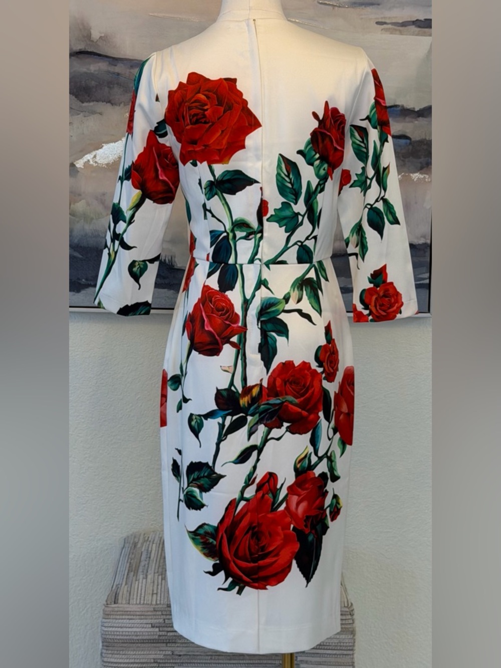 White Sheath Dress Red Rose Print Elegant Floral Midi - Designer Inspired - Picture 4 of 16